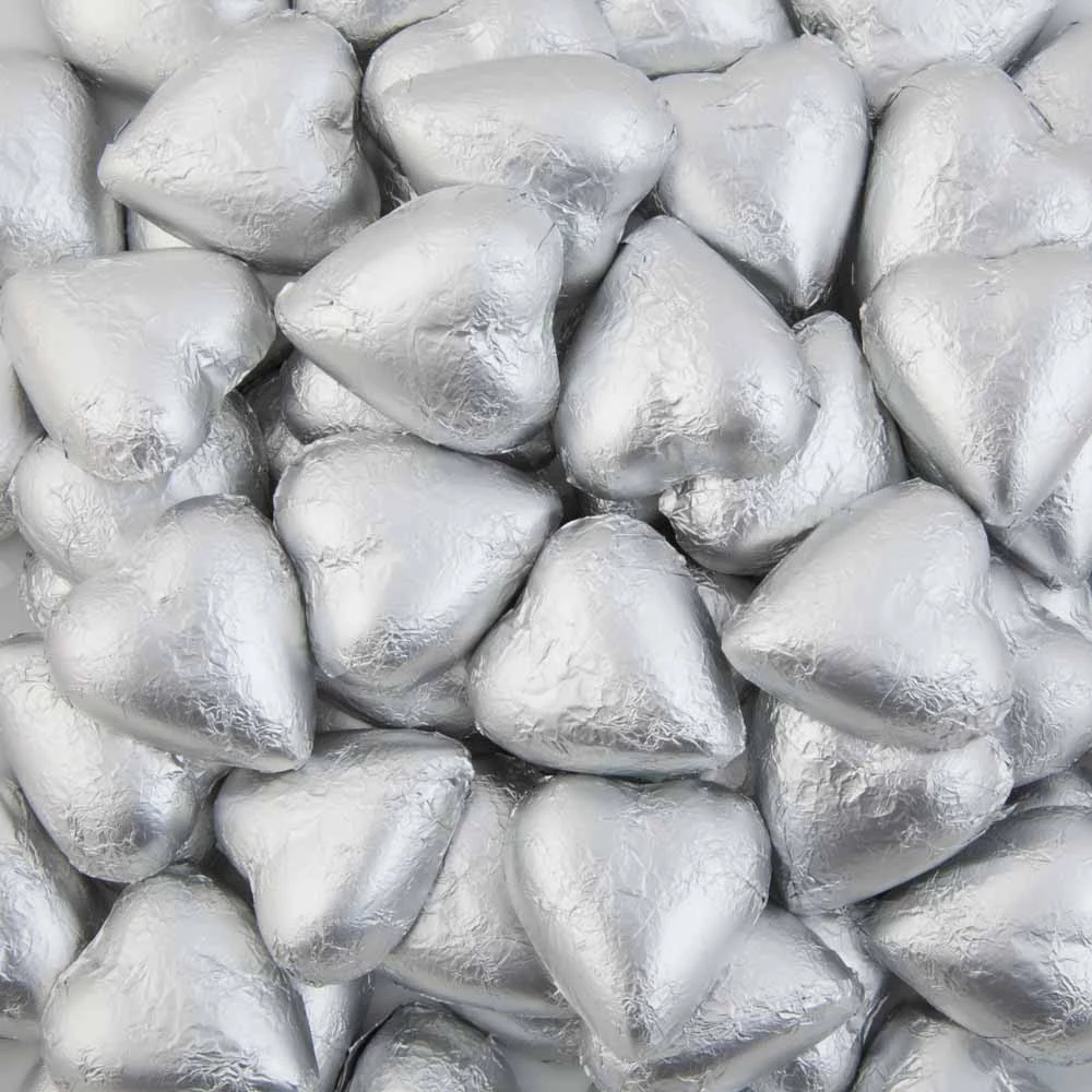 Matte Silver Belgian Chocolate Hearts 500g - 5kg 1 Matte Silver Belgian Chocolate Hearts 500g - 5kg